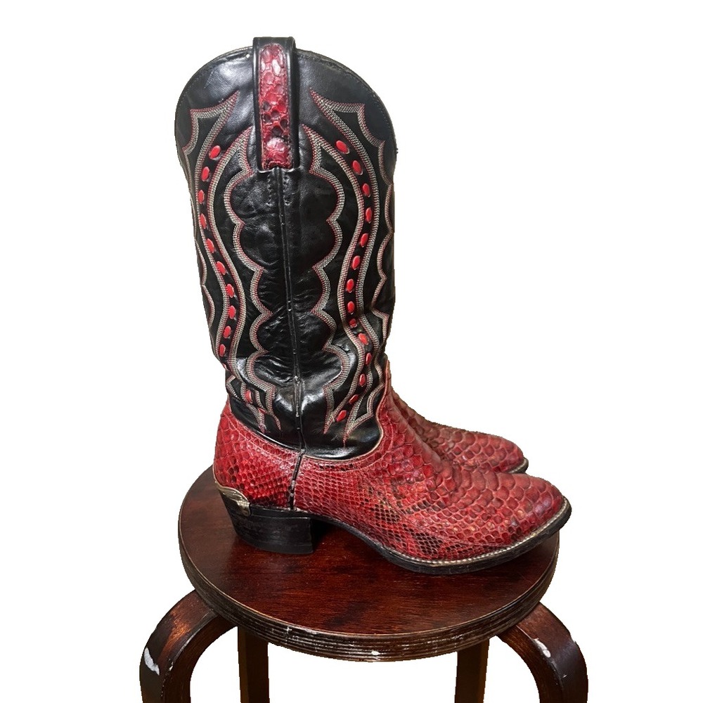 Vintage J. Chisholm Leather Exotic Cowboy Boots Red 8D Python Snakeskin Western